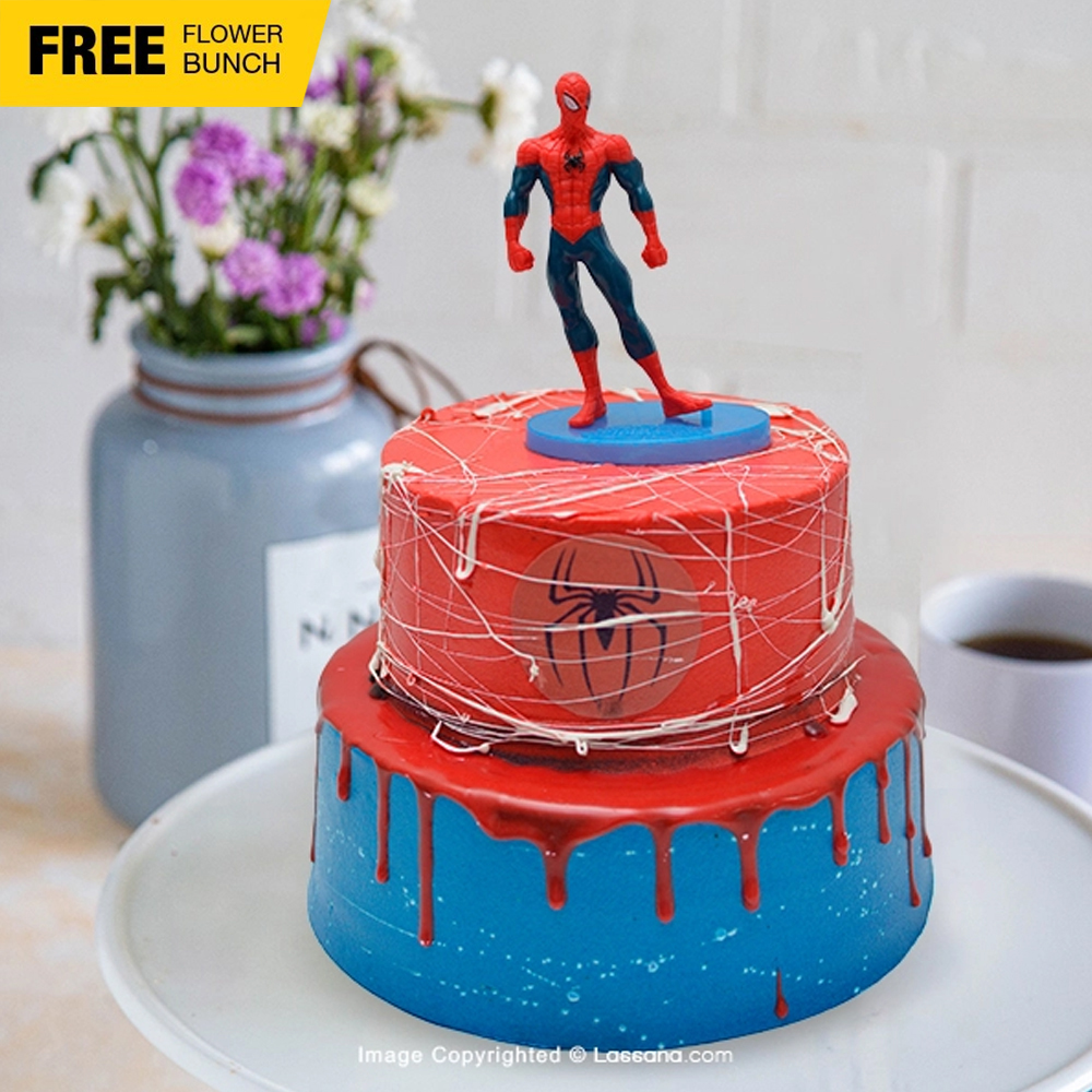 SPIDERMAN TWO TIER CHOCOLATE & RIBBON CAKE  KG (  LBS) DELIVERED FREE  IN OVER 100 CITIES WITH FREE FLOWER BUNCH  Online Shop