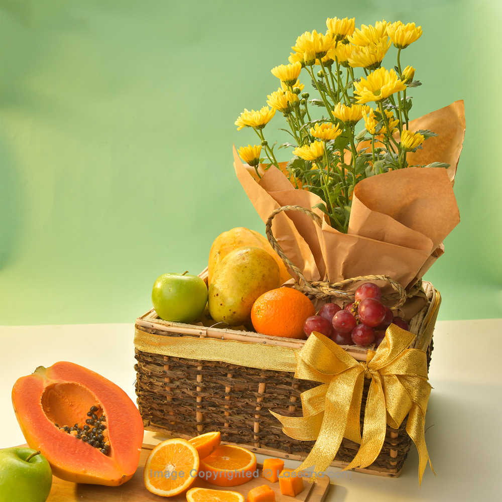 WHOLESOME CHOICE FRUIT BASKET WITH FLOWERING PLANT - Fruit Baskets - in Sri Lanka