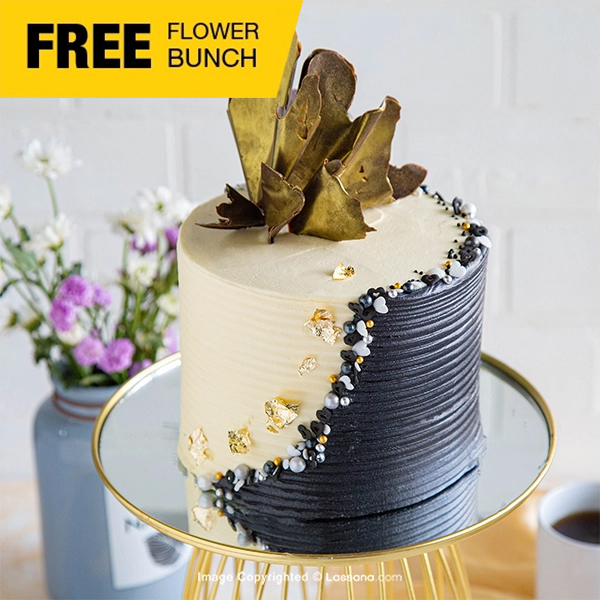 NIGHT & DAY CHOCOLATE BUTTER CAKE WITH EDIBLE GOLD 1.3KG (2.8 LBS)  WITH FREE FLOWER BUNCH - Lassana Cakes - in Sri Lanka