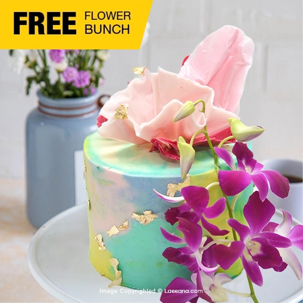 FLORAL FANTASY RIBBON CAKE 1.2 KG (2.6 LBS) WITH FREE FLOWER BUNCH - Lassana Cakes - in Sri Lanka