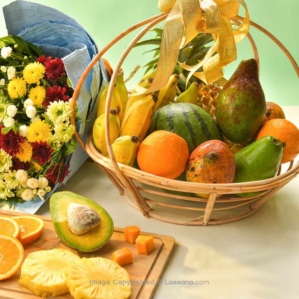 FINEST FRUITS FIESTA BASKET WITH FLOWER BUNCH - Fruit Baskets - in Sri Lanka