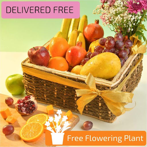 SWEET MEDLEY FRUIT BASKET WITH FLOWER BUNCH AND FREE FLOWERING PLANT - Fruit Baskets - in Sri Lanka