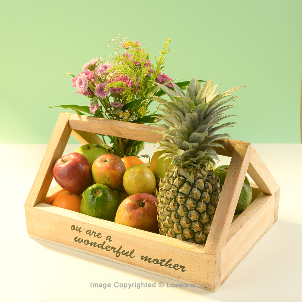YOU ARE A WONDERFUL MOTHER FRUIT BASKET WITH FLOWER BUNCH - Fruit Baskets - in Sri Lanka