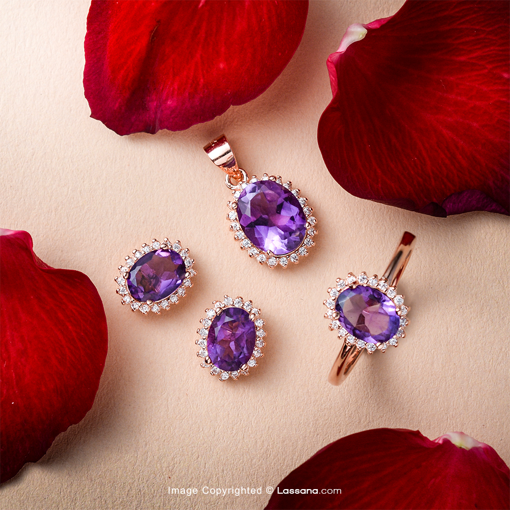 18KT ROSE GOLD PLATED DIANA AMETHYST SET IN S925 SILVER - Chamathka Jewellery - in Sri Lanka